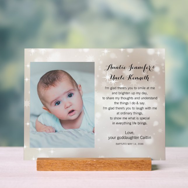 Baby Photo Godparents Poem on Gold Stars Acrylic Sign (Neutral)
