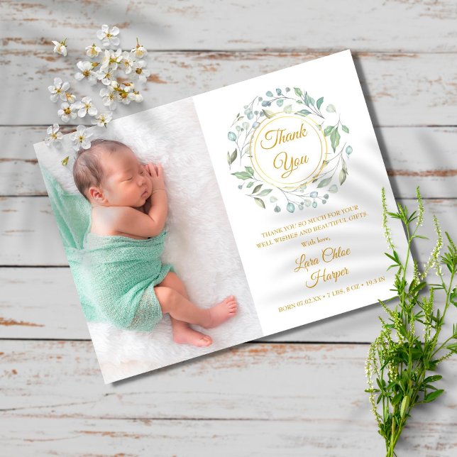 Baby Photo Greenery Floral Gold Thank You Birth Announcement Postcard (Creator Uploaded)