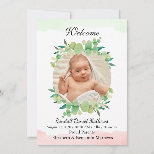 Baby Photo Greenery Modern Baby Birth  Announcement (Front)