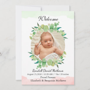 Baby Photo Greenery Modern Baby Birth Announcement