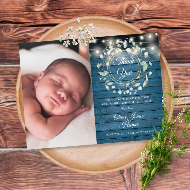 Baby Photo Greenery Rustic Blue Thank You Birth Announcement Postcard (Creator Uploaded)