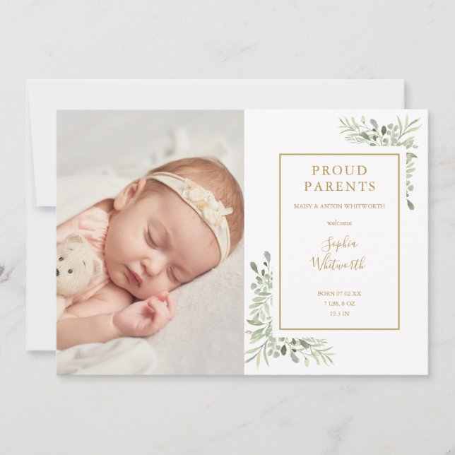 Baby Photo Greenery Script Birth Announcement (Front)