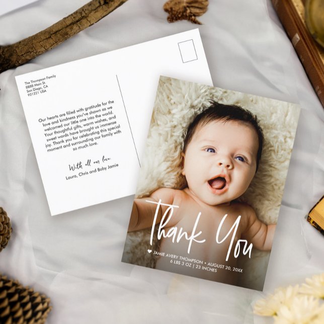 Baby Photo Handlettering Thank you Modern Birth Announcement Postcard (Bestseller Baby Shower photo thank you handlettering script birth announcement postcard)
