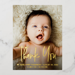 Baby Photo Handlettering Thank you Modern Birth  Foil Holiday Postcard
