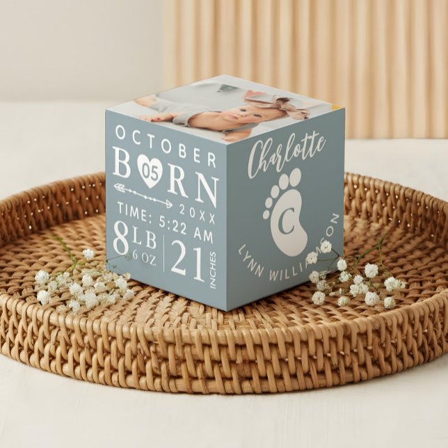 Baby Photo Keepsake & Birth Stats Blue Monogram Cube (Baby Photo Keepsake & Birth Stats Blue Monogram Cube)