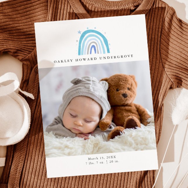 Baby Photo Modern Blue Rainbow Birth Announcement (Creator Uploaded)