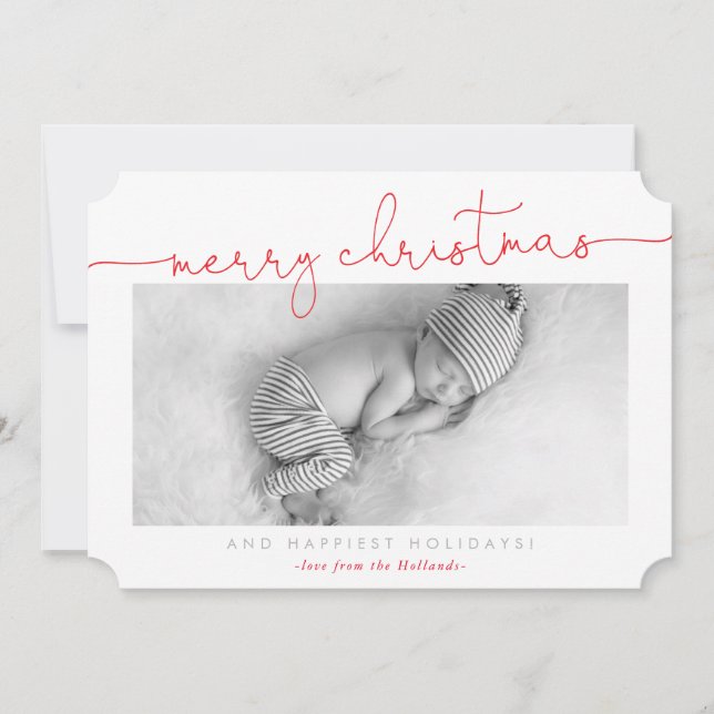 BABY PHOTO modern calligraphy merry Christmas red Holiday Card (Front)