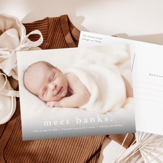 Baby photo modern name birth announcement postcard (Simple typography meet baby photo birth announcement thank you postcards.)