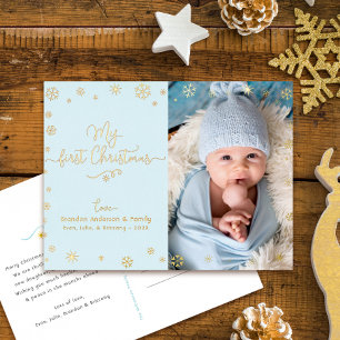 Baby Photo My First Christmas Aqua Blue Real Gold Foil Holiday Postcard