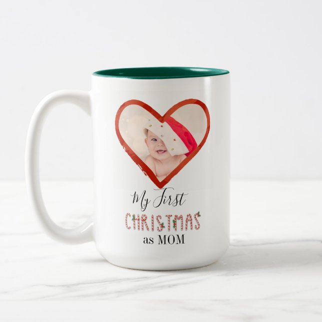 Baby Photo My First Christmas As Mum Love Heart Two-Tone Coffee Mug (Left)