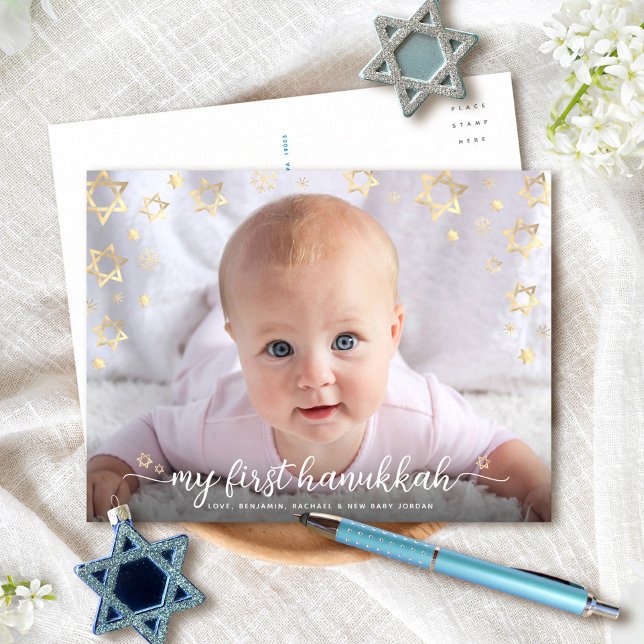Baby Photo My First Hanukkah Script Star of David Holiday Postcard (Creator Uploaded)
