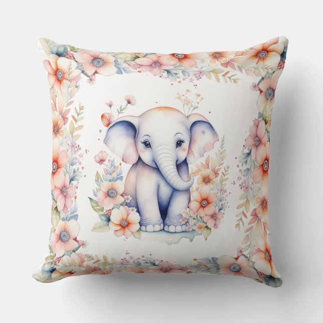 Baby Photo, Name and Birth Date Elephant Themed Cushion (Front)