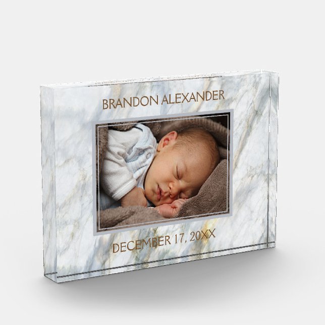 Baby Photo On Elegant Blue Grey Marble Pattern (Left)