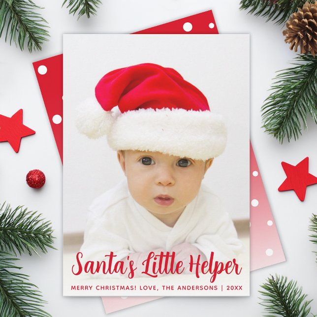 Baby Photo Santa's Little Helper Red Christmas Holiday Card (Creator Uploaded)