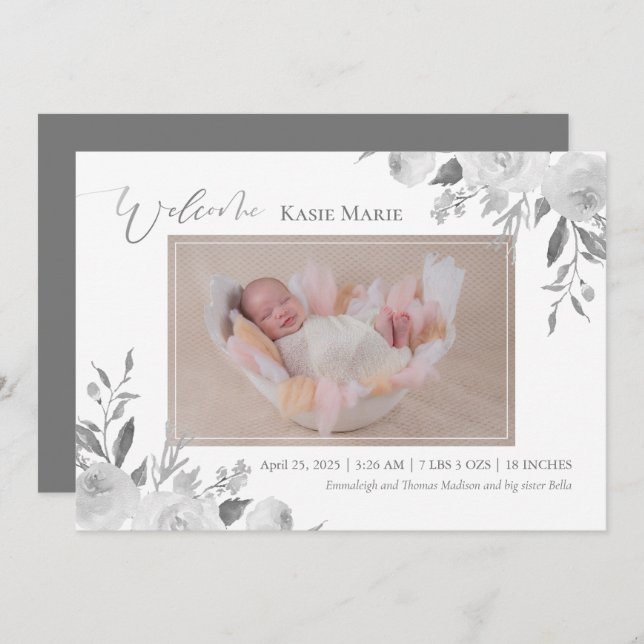 Baby Photo Spring Elegant Floral Grey Announcement (Front/Back)