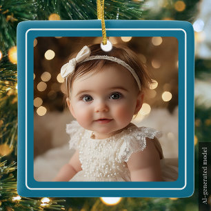 Baby Photo Teal Modern Christmas White Script Ceramic Ornament