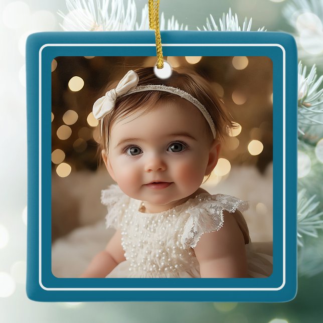 Baby Photo Teal Modern Christmas White Script Ceramic Ornament (Baby Photo Teal Modern Christmas White Script Ceramic Ornament)