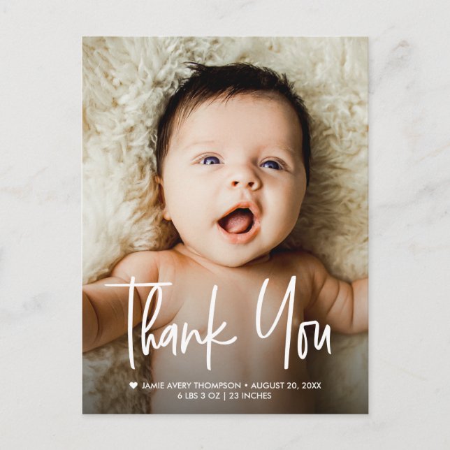 Baby Photo Thank you Heart Modern announcement Postcard (Front)