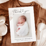 Baby Photo Thank You Heart Modern Birth Announcement Postcard<br><div class="desc">This stylish and elegant photo birth template announcement postcard features a photo of your newborn baby boy or girl, custom message that can be personalised, hand lettered typography text that says "Thank you" with a heart between the words. Add your newborn baby's name, birth stats, and the parents' names. The...</div>