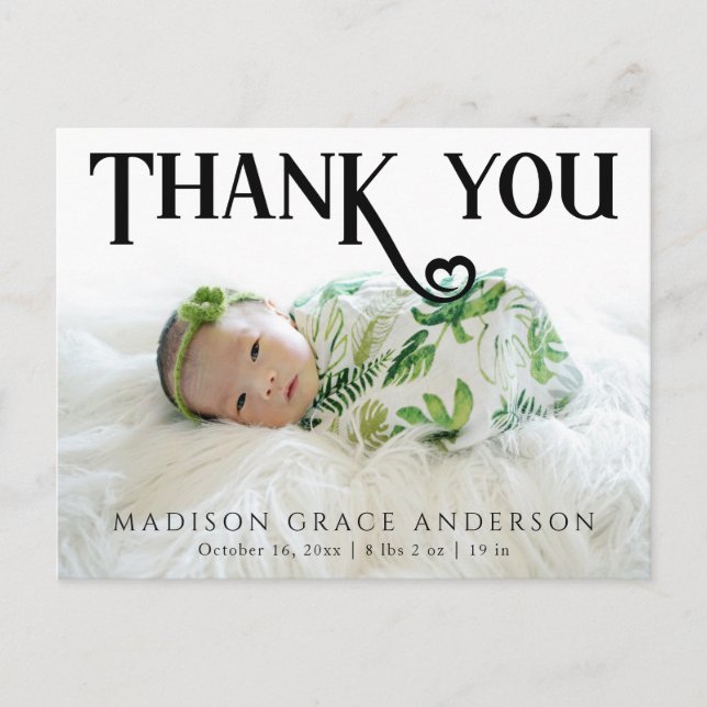Baby Photo Thank You Modern Heart Birth Announcement Postcard (Front)