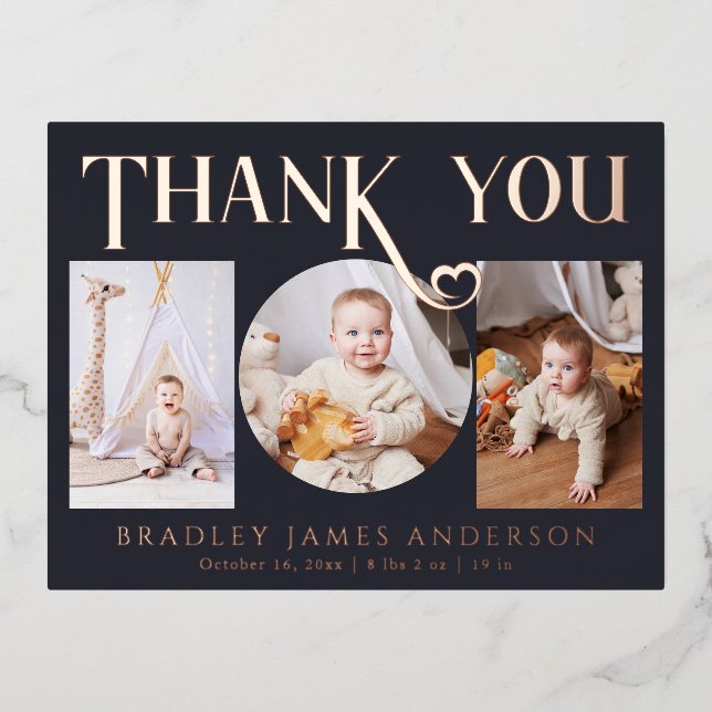 Baby Photo Thank You Modern Heart Birth Foil Invitation Postcard (Front)