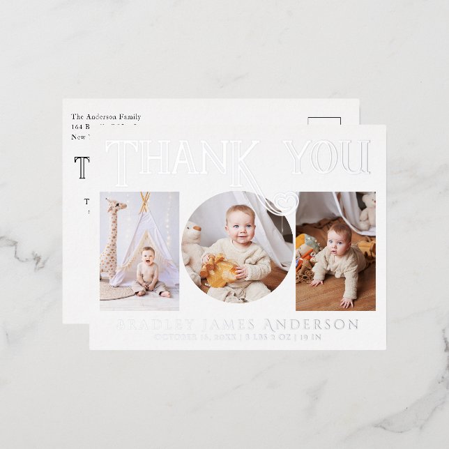 Baby Photo Thank You Modern Heart Birth Foil Invitation Postcard (Front/Back)