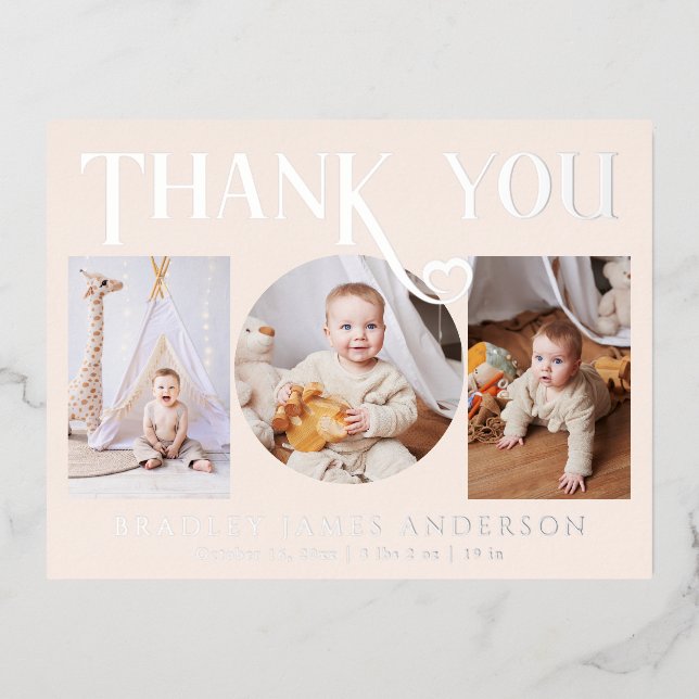 Baby Photo Thank You Modern Heart Birth Foil Invitation Postcard (Front)