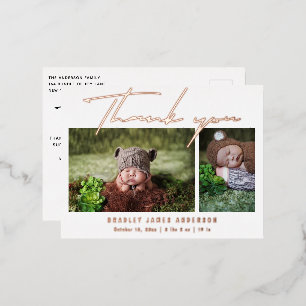 Baby Photo Thank You Modern Script Birth Foil Invitation Postcard