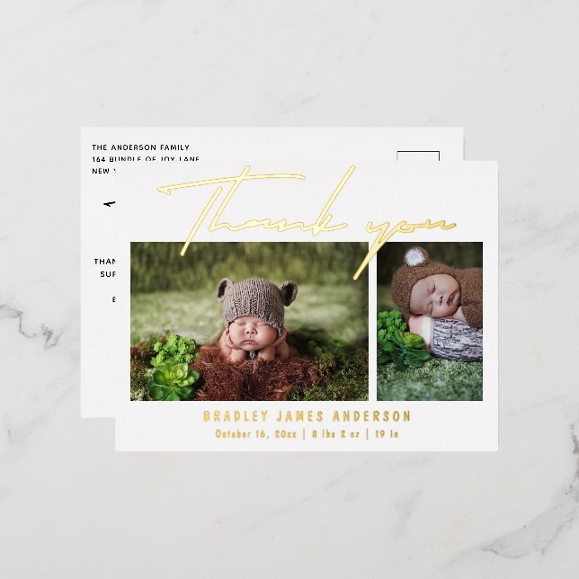 Baby Photo Thank You Modern Script Birth Foil Invitation Postcard (Front/Back)