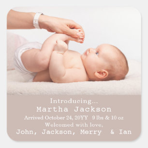 Baby Photo Typography Baby Birth Announcement  Square Sticker