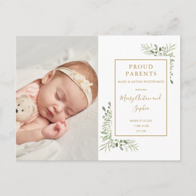Baby Photo Watercolor Greenery Thank You Birth Announcement Postcard (Front)