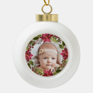 Baby Photo Watercolor Poinsettia Floral Ceramic Ball Christmas Ornament