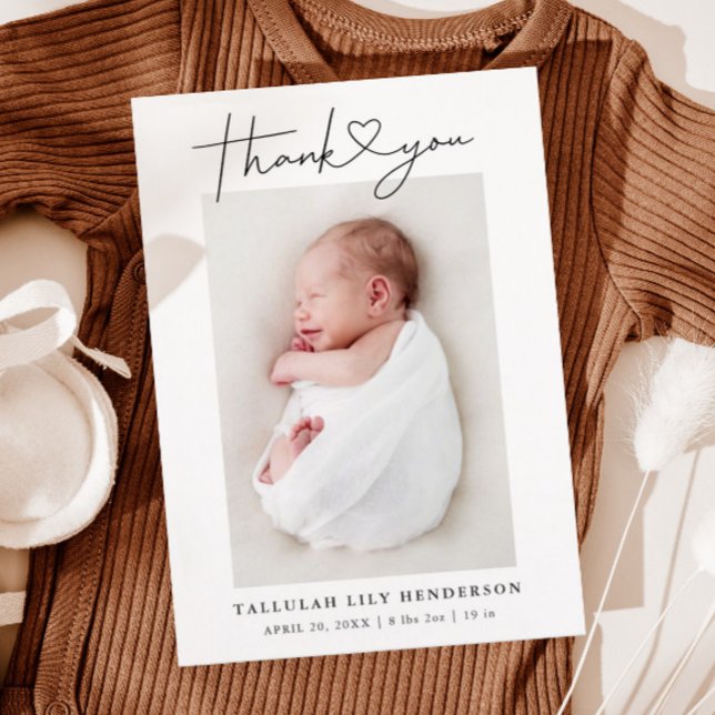 Baby Photo White Minimalist Thank You Heart Birth Announcement (Creator Uploaded)