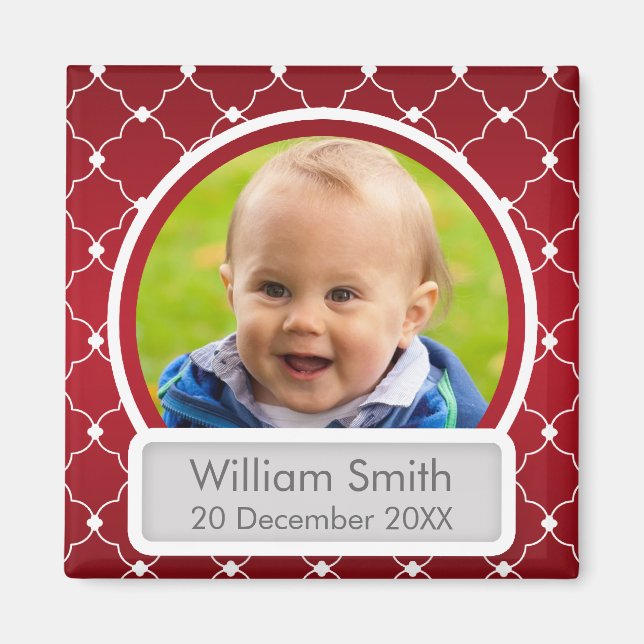 Baby Photo With Name & Date Quatrefoil Red Magnet (Front)