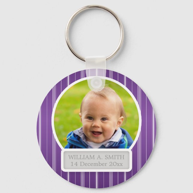 Baby Photo With Name Elegant Stripes Purple Key Ring (Front)