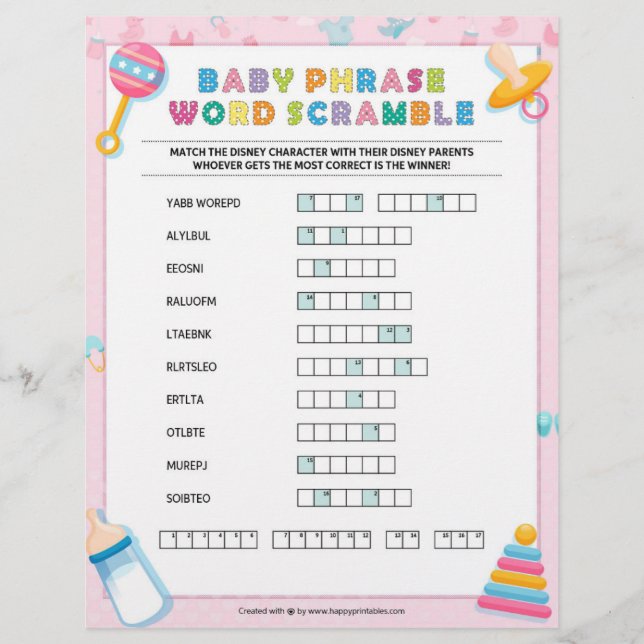 Baby Phrase Scramble [Baby Basics Pink] Custom Letterhead (Front)