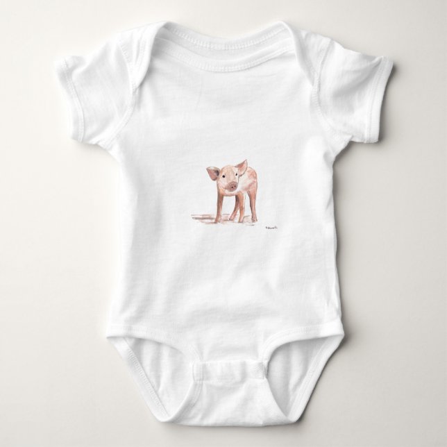 Baby piglet pig art watercolor baby shower rustic  bodysuit (Front)