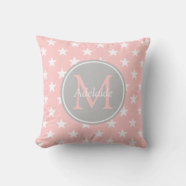 Baby Pink and Ash Grey Stars Monogram Cushion (Front)