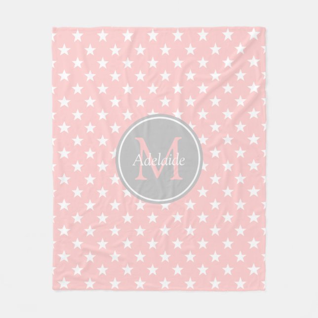 Baby Pink and Ash Grey Stars Monogram Fleece Blanket (Front)