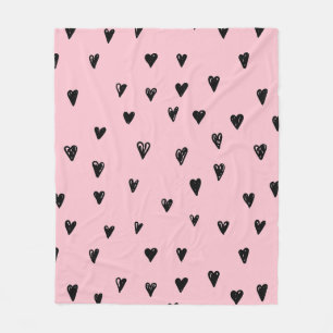 Baby Pink and Black Doodles Cute Heart Pattern Fleece Blanket
