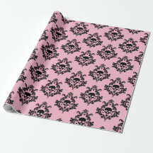 Baby pink and Black Skull damask wrapping paper