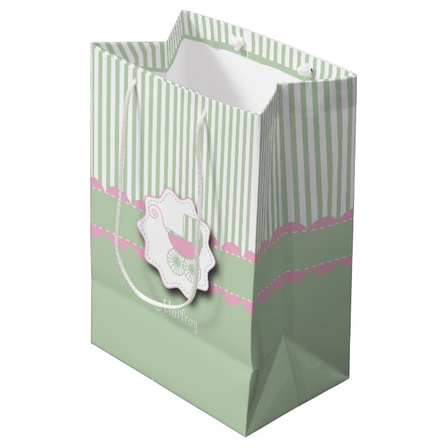 Baby Pink and Green Buggy - Baby Girl Shower Medium Gift Bag (Front Angled)