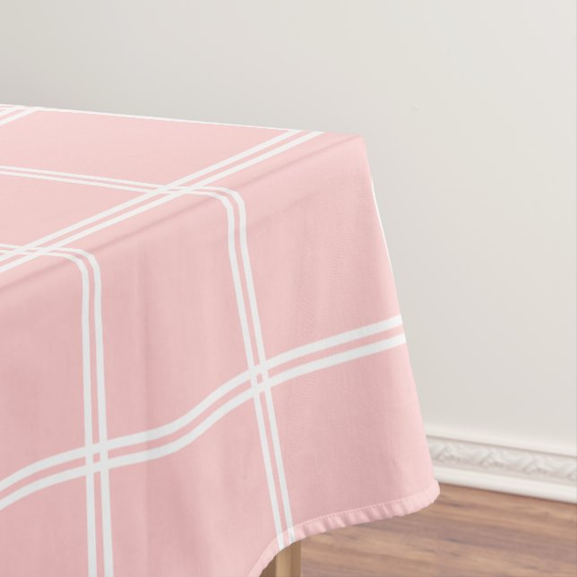 Baby Pink and White Double Stripe Plaid Tablecloth (In Situ)