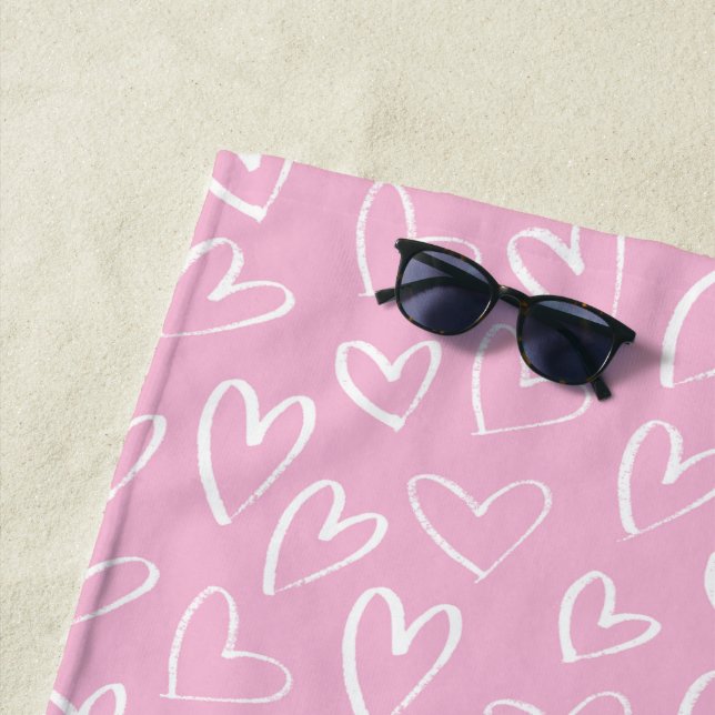 Baby pink and white heart pattern  beach towel (In Situ)