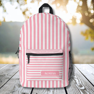 Baby Pink and White Vintage Striped Name Printed Backpack