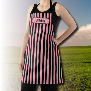 Baby Pink Black Vintage Striped Name Apron