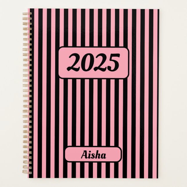 Baby Pink Black Vintage Striped Name Planner (Front)