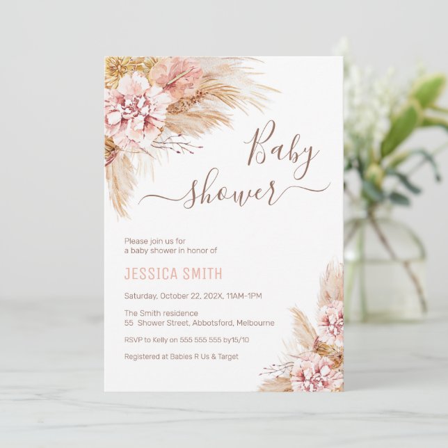 Baby Pink Boho Floral Pampas Grass Baby Shower Invitation (Standing Front)