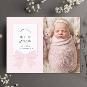 Baby Pink Bow Baby Girl Photo Birth Announcement Postcard