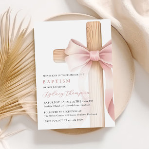 Baby Pink Bow Cross Girl Baptism Invitation